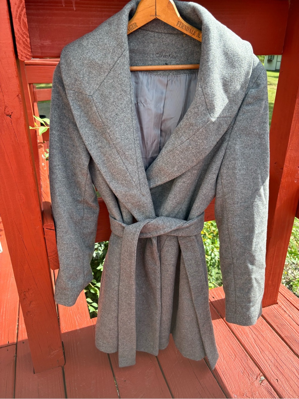 Calvin Klein Women’s Gray Wool Blend Belted Wrap Coat – Size Small